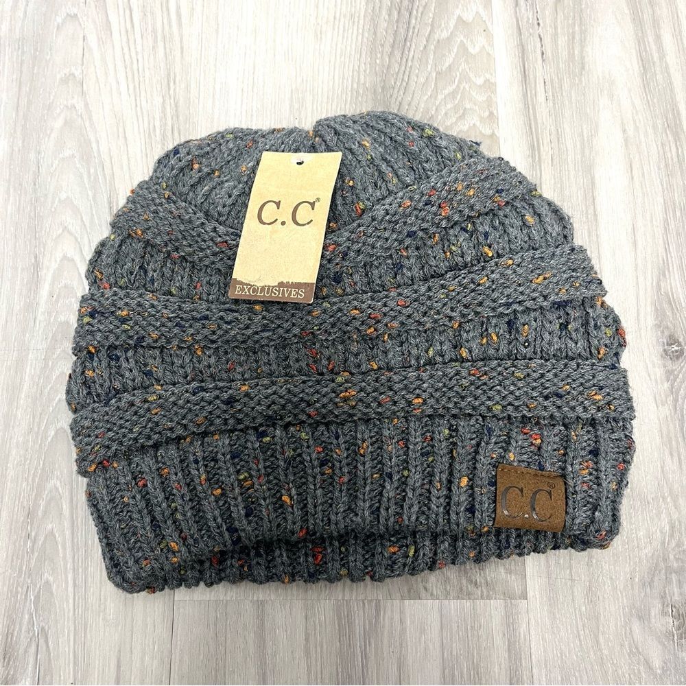 C.C Hat Women’s OS Dark Melange Gray Speckled Knit Beanie Hat NWT